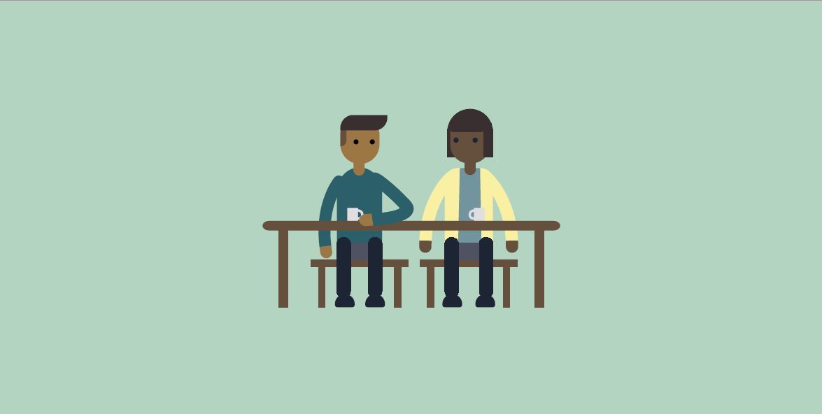 Illustration of two people sitting at a desk having a meeting