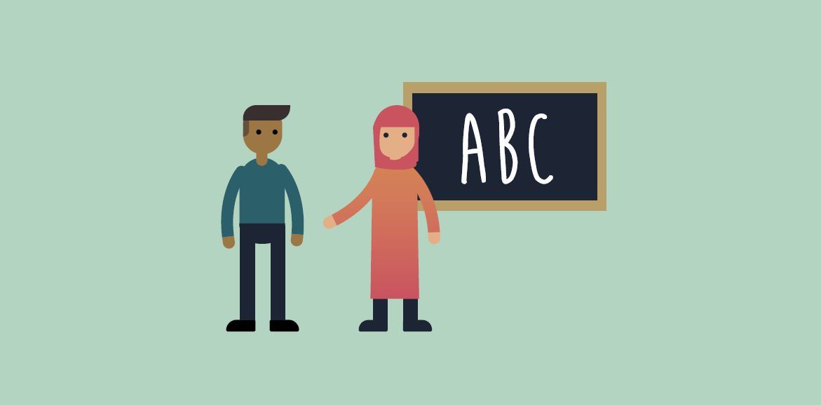 Illustration of two people standing before a chalk board with A B C written on it. 