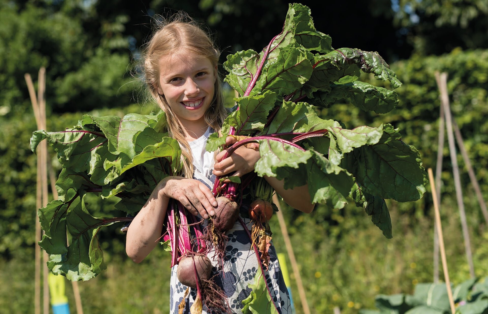 Leerling met oogst van rode bieten uit schoolmoestuin in haar armen