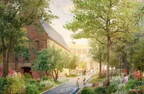 Een impressie van de Stadsoase, een groene tuin rond de Waalse Kerk met uitzicht op het nieuwe Stadstheater.