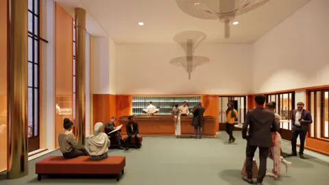 Het ontwerp van de Feniks foyer van het Stadstheater.
