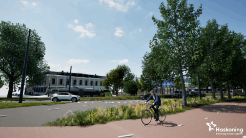 Sfeerbeeld van de herinrichting Willemsplein, gezien van Zypse poort naar Station Arnhem Centraal