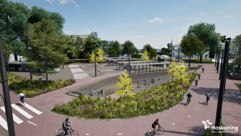 Sfeerbeeld van de herinrichting Willemsplein, overzicht vanuit Fromberghuizen