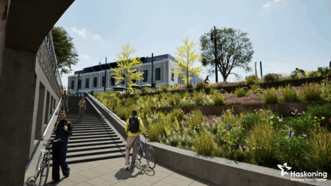 Sfeerbeeld van de herinrichting, het Willemsplein gezien vanaf de nieuwe fietsenstalling