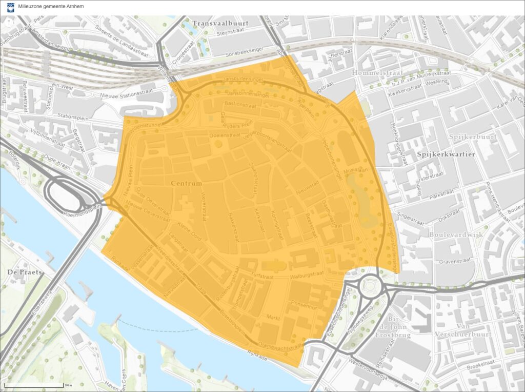 Kaart waarin te zien is waar de milieuzone ligt en tot waar deze loopt.