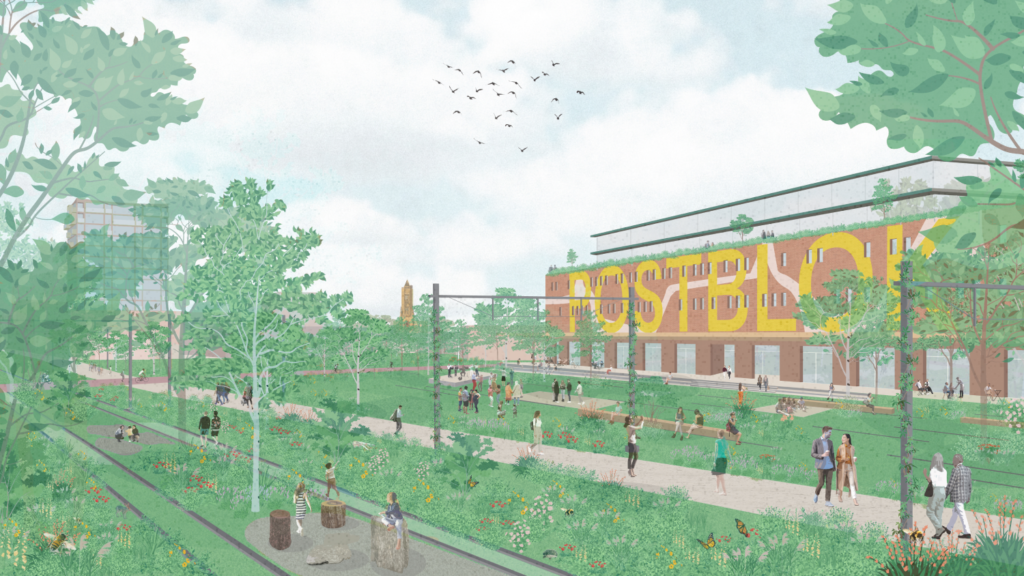 Een impressie van het nog aan te leggen Spoorpark in Arnhem-Oost.