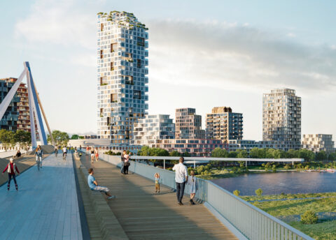(Fietsbrug) Zicht op Rijnpark Fase 1 vanaf de (mogelijke) fietsverbinding over de Rijn