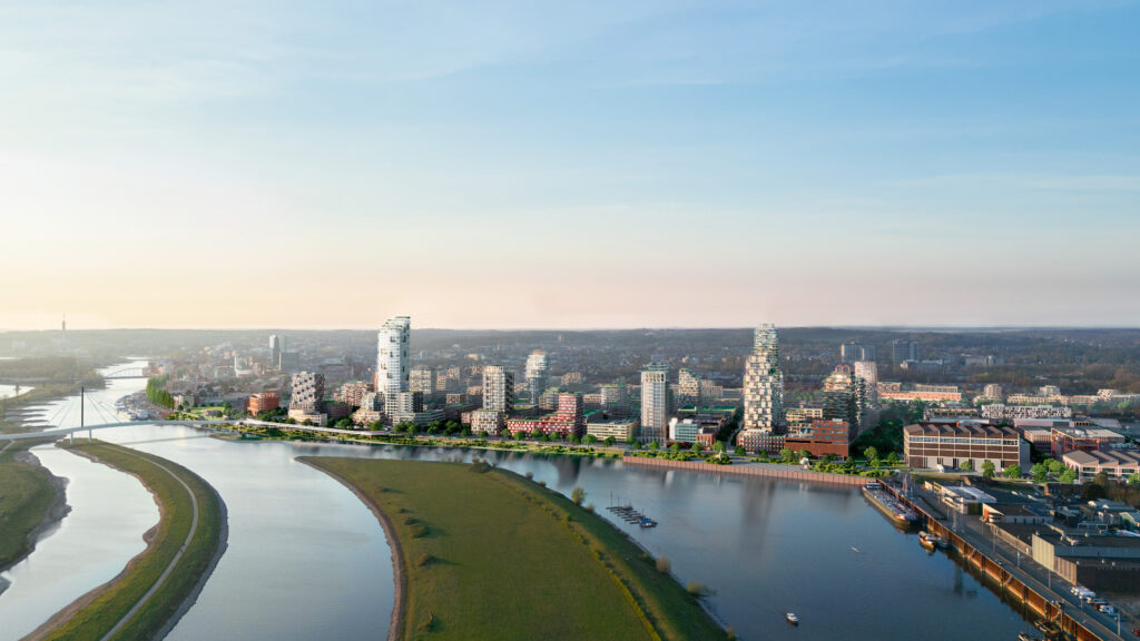 Impressie Rijnpark fase 1 en 2 met het Nieuwe Kade Kwartier, gezien vanaf de Rijn. Beeld: Studio D, Arnhem.