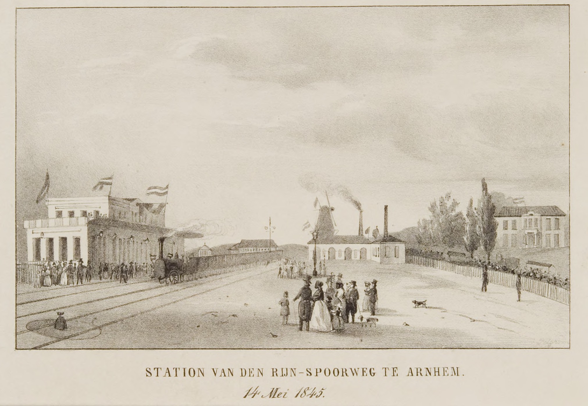 Het allereerste station in 1845, een jaar na de opening. In dat jaar reden er nog maar 3 treinen per dag van Arnhem naar Utrecht (Litho: Gelders Archief).