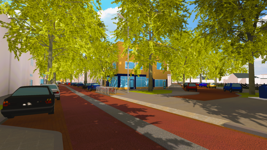 Hommelseweg, schets van de fietsstraat met fietsnietjes