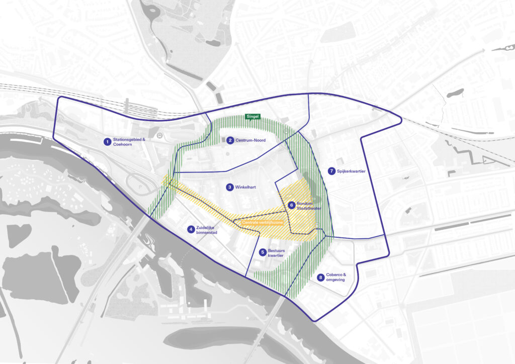 Overzichtskaart van de 8 deelgebieden in het centrum: Stationsgebied & Coehoorn, Centrum-Noord, Winkelhart, Zuidelijke binnenstad, Bestuurskwartier, Rondom Stadstheater, Spijkerkwartier, Coberco & omgeving